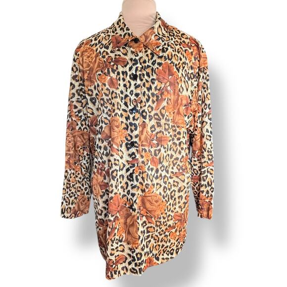 Vintage Leopard Rose Dark Floral Animal Print Button Up Sheer Blouse Plus 2X USA - Picture 3 of 11